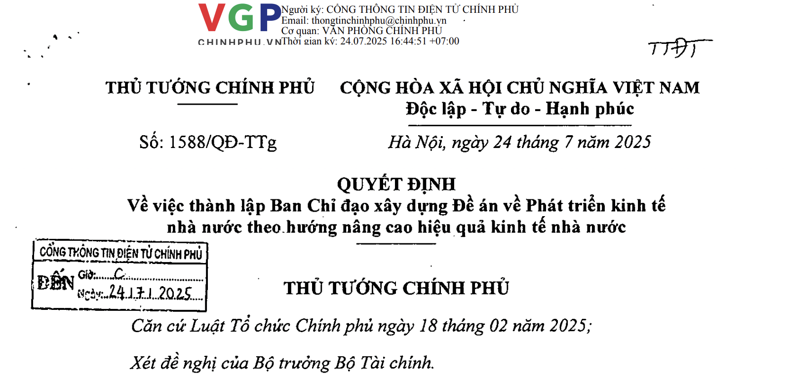 Quyết định số 1588/QĐ-TTg của Thủ tướng Chính phủ: Về việc thành lập Ban Chỉ đạo xây dựng Đề án về Phát triển kinh tế nhà nước theo hướng nâng cao hiệu quả kinh tế nhà nước