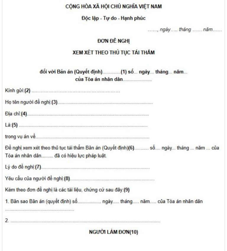 đơn đề nghị xem xét thủ tục tái thẩm