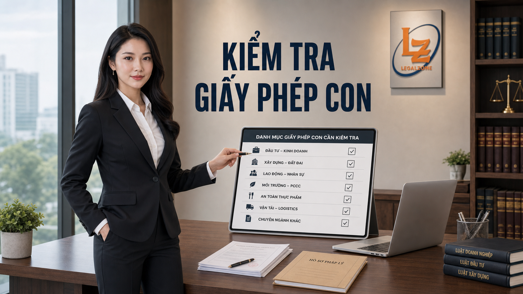 Chuyên viên pháp lý kiểm tra danh mục giấy phép con cho doanh nghiệp