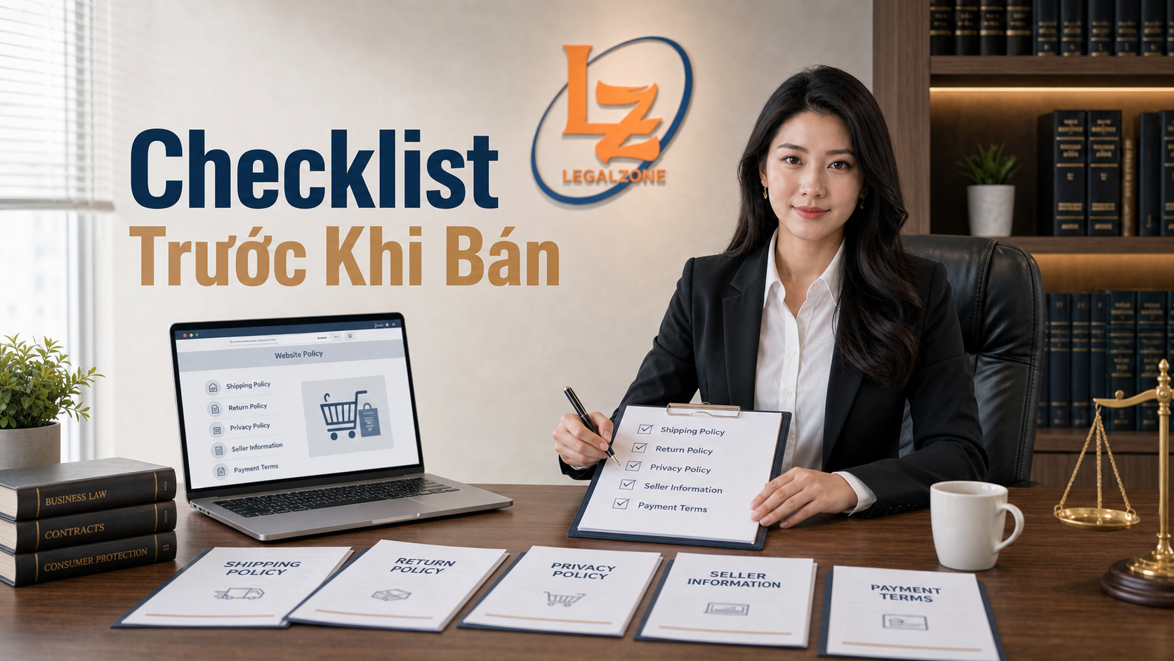 Chuyên viên LegalZone kiểm tra chính sách giao hàng đổi trả bảo mật trên website bán hàng