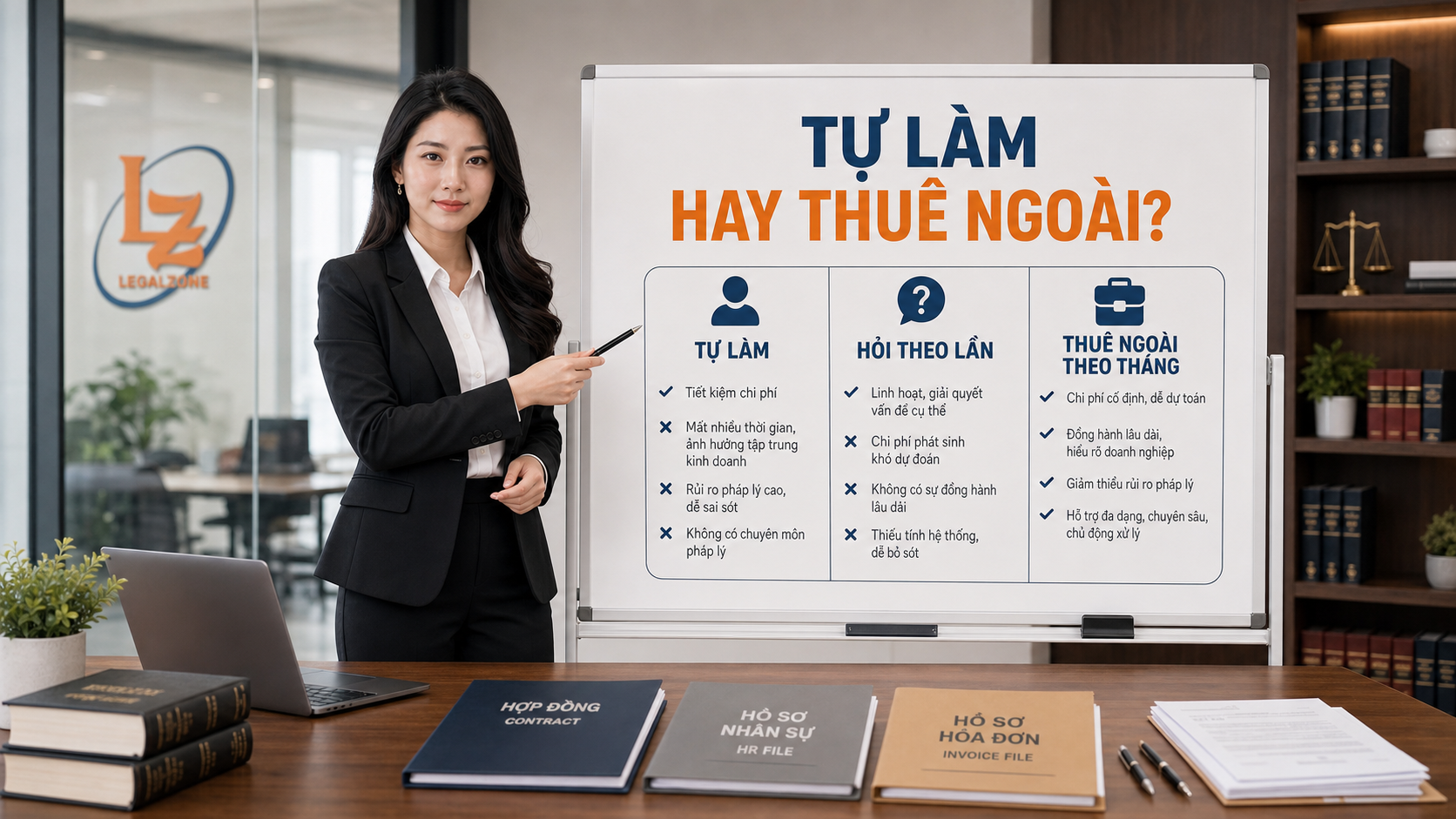 Chuyên viên LegalZone trình bày bảng so sánh tự làm pháp lý hỏi luật sư theo việc và pháp chế thuê ngoài
