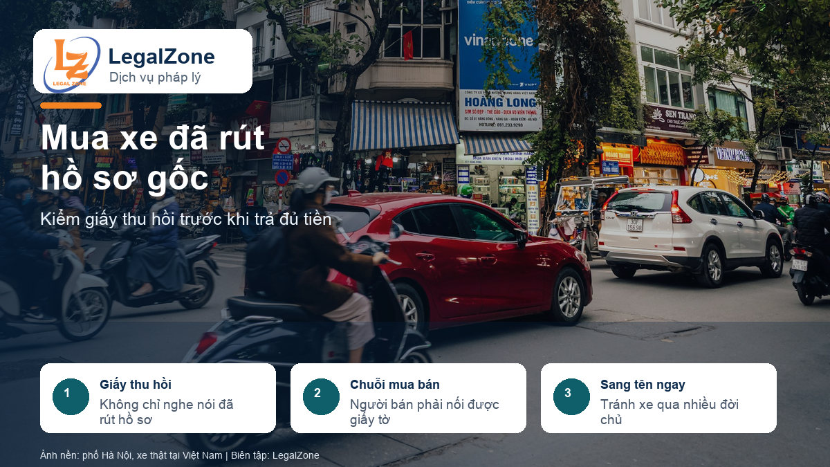 Mua xe đã rút hồ sơ gốc cần kiểm giấy thu hồi và chuỗi mua bán trước khi trả tiền