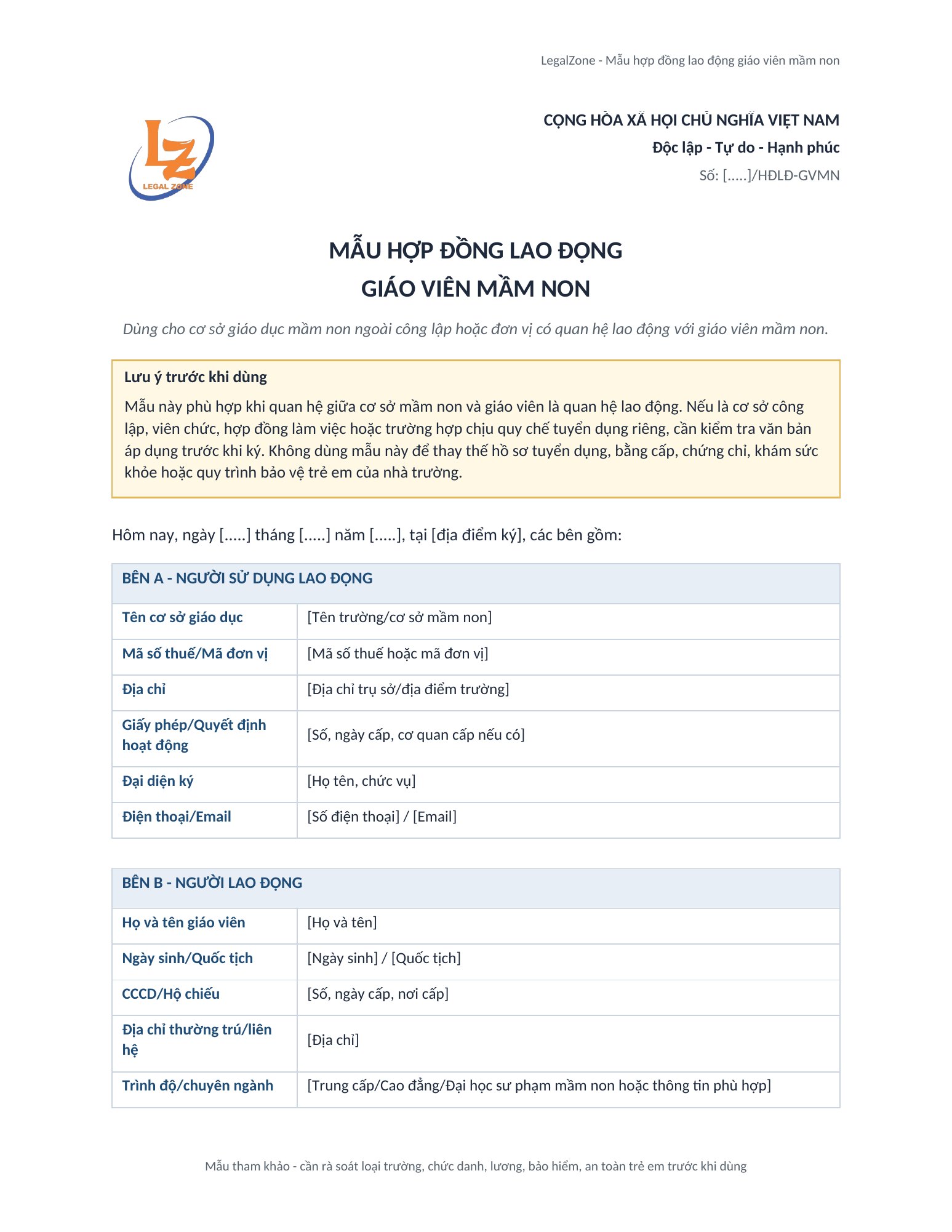 Ảnh preview mẫu hợp đồng lao động giáo viên mầm non DOCX 2026