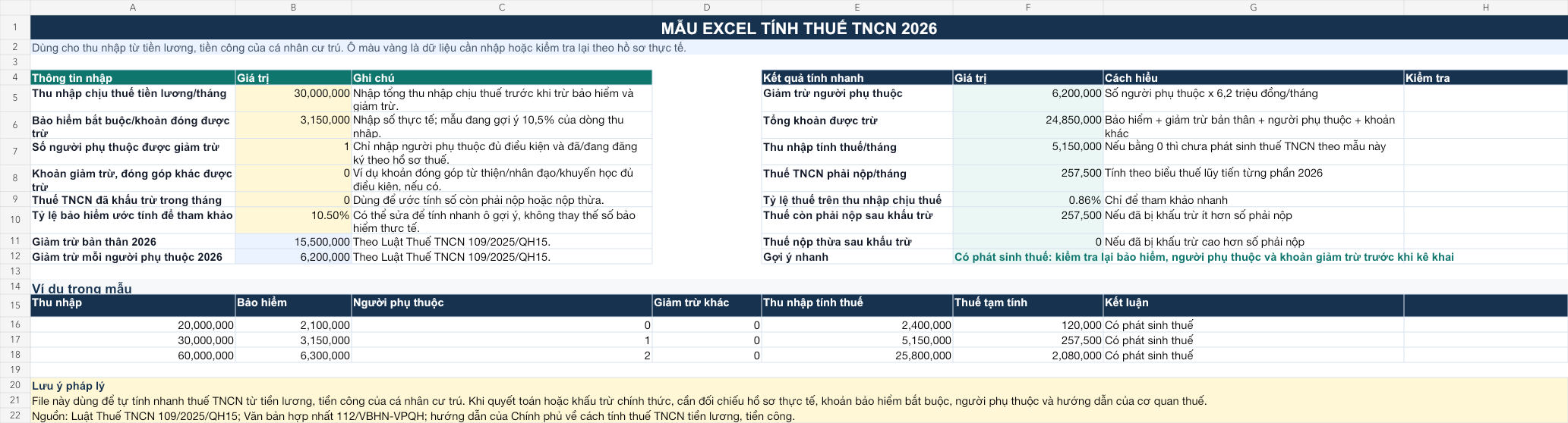 Ảnh chụp file Excel tính thuế TNCN 2026 của LegalZone
